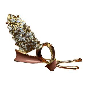 Vintage Pink and Gold Tone Rhinestone Leaf Bow Brooch Pin Jewelry Accessory